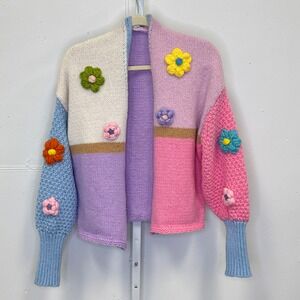 Cider Pastel Colorblock Crochet Flower Chunky Oversized Knit Cardigan Sweater Lg